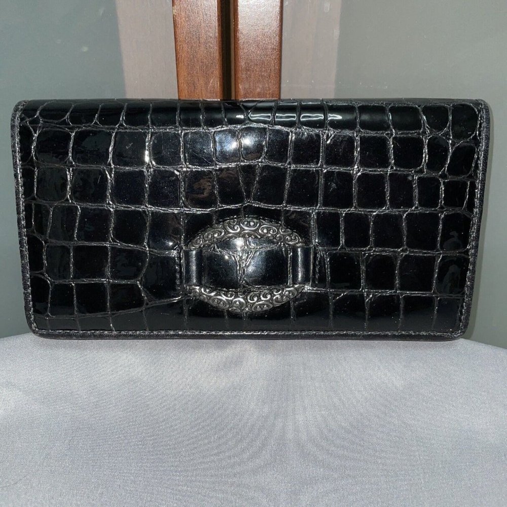 Brighton Cher Black Patent Leather Croc Print Wallet Clutch Organizer Hand Bag